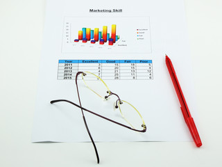 a paper of analyse marketing, pen and spectacles