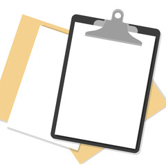 Flat clipboard with paper sheets on desk. Vector illustration