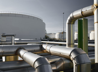 chemical industry, storage tank with pipes in oil refinery