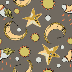 Seamless pattern with the moon , the stars , the sun. 3
