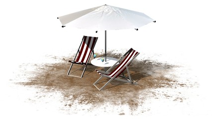 Deck chairs and umbrella isolated on white background