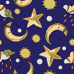 Seamless pattern with the moon , the stars , the sun 4