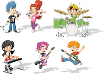 Cartoon children playing on a rock'n'roll band