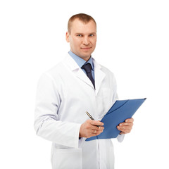 Naklejka na ściany i meble Portrait of a young male doctor in a white coat