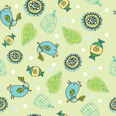 seamless pattern with birds , hearts , candy.