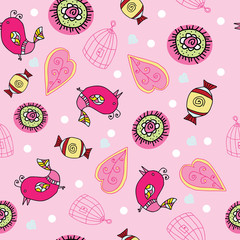 seamless pattern with birds , hearts , candy. 2
