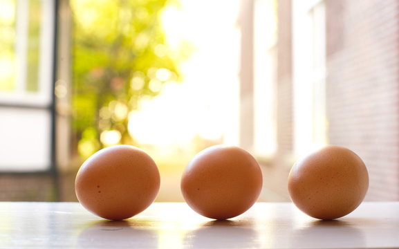 three eggs  in soft background