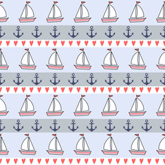 Cute nautical background. Navy vector seamless pattern: anchor, sailboat, heart. Marine life Background Collection. Baby shower vector illustration.