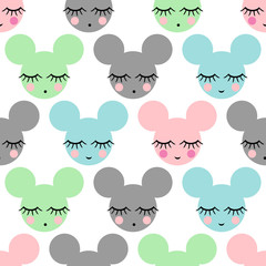 Seamless pattern with smiling sleeping mouse for kids holidays. Cute baby shower vector background. Child drawing style mousy.