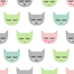 Seamless pattern with smiling sleeping cats for kids holidays. Cute bright baby shower vector background. Child drawing style kitty.