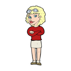 cartoon woman with crossed arms and safety goggles