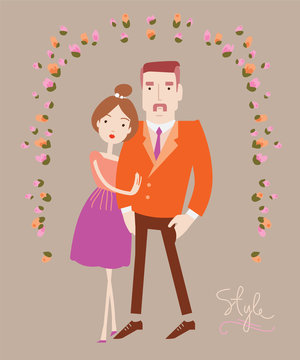 Young stylish couple in love. Man and woman fashion. Vector illu
