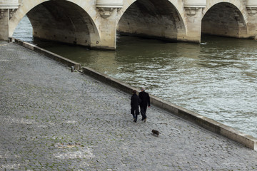 Couple takes a walk along with their dog on the banks of river Seine, Paris