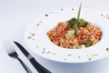 Macaroni with tomato chicken sauce