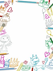 Happy Birthday vertical frame children drawings illustration isolated on white