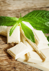 Delicious white chocolate with  mint, selective focus