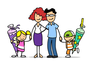 Familie und zwei Kinder mit Schultüte
