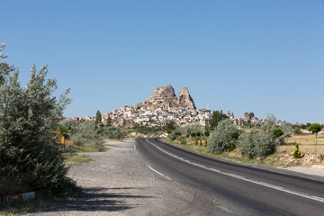 view of Uchisar castle in Cappadocia , Turkey
