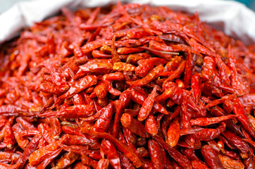 Lot of dried chili on dispaly in Middle eastern food market