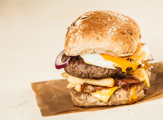 Homemade Burger with Patty, Cheese and Fries