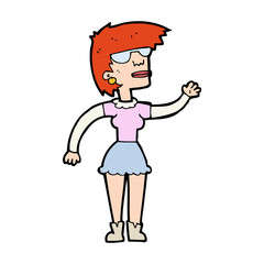 cartoon woman in spectacles waving