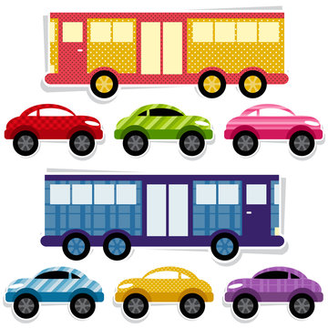 Set of textured cars and buses
