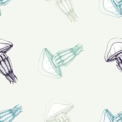 Vector seamless pattern with hand drawn jellyfish sketch. Vintage background with sealife illustration.