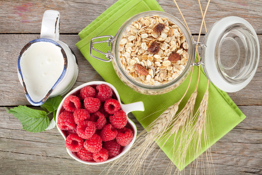 Healty Breakfast With Muesli, Berries And Milk