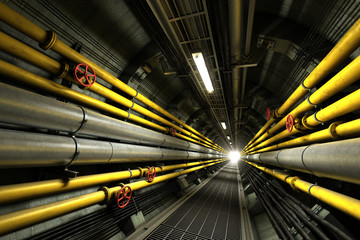 3D rendered industrial service tunnel with pipelines and valves