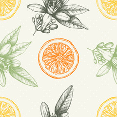 Fototapety  Citrus seamless pattern with orange fruits and flowers. Vector background
