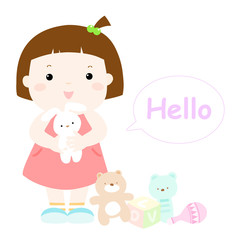little cute girl hug rabbit doll vector .