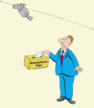 Business cartoon of businessman trying to leave 'anonymous tip' at work but the video camera is watching him.