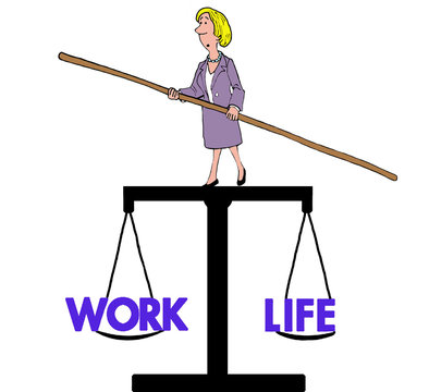 Business Cartoon Of Woman Balancing On Top Of A 'work Life' Balance Scale.