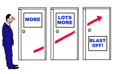 Business cartoon of manager looking at increasing red arrow and signs 'more, lots more, blast off'.
