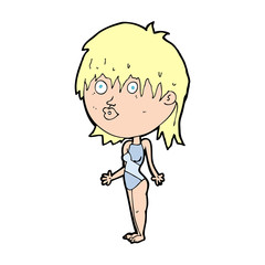 cartoon woman in swimsuit shrugging shoulders