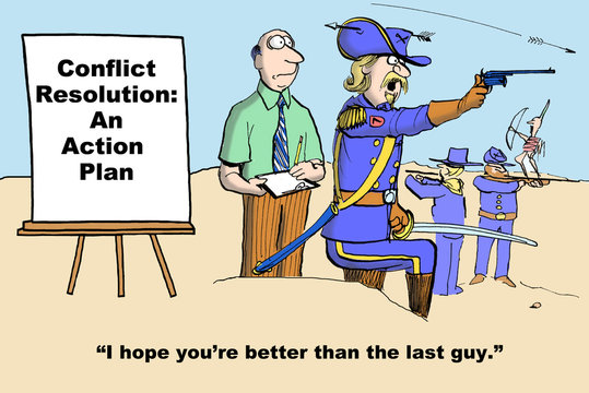 Business cartoon of army in battle and businessman about to give seminar to them on 'conflict resolution - an action plan'.