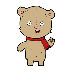 cartoon waving teddy bear with scarf