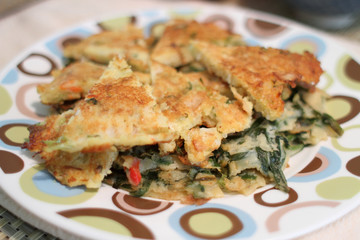 Sliced Korean scallion pancakes known as 