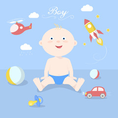Obraz na płótnie Canvas Cute boy sitting among toys. Baby and toys. Child play. Children and toys:rocket, car, ball, pacifier, helicopter, cloud