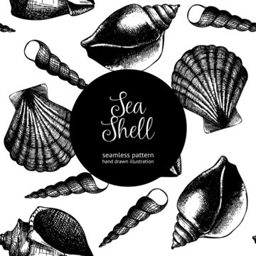 Vintage background with ink hand drawn sea shells. Seamless vector pattern
