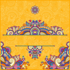 yellow invitation card with neat ethnic background, royal orname