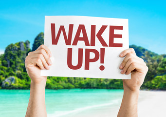 Wake Up! card with beach background