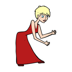 cartoon woman in dress gesturing