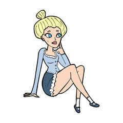 cartoon attractive woman sitting thinking
