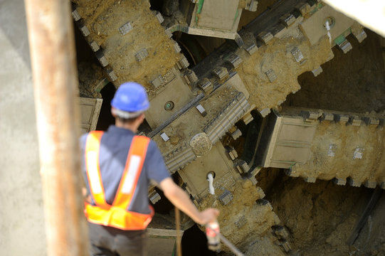 Tunnel boring machine drills underground