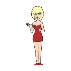 cartoon confused woman in cocktail dress