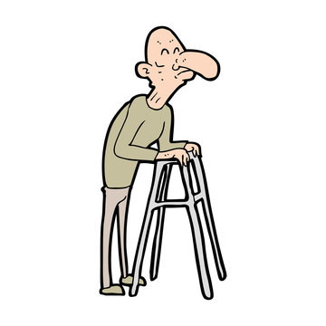 cartoon old man with walking frame