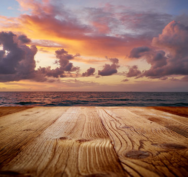 wooden table on the tropical beach