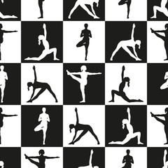 Seamless pattern. Yoga poses as seamless background. Background with women in black and white colors.  Black and white seamless background with girls in yoga poses. Yoga background.