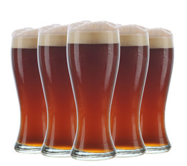 Five dark frosty beer glasses arranged over a white background.